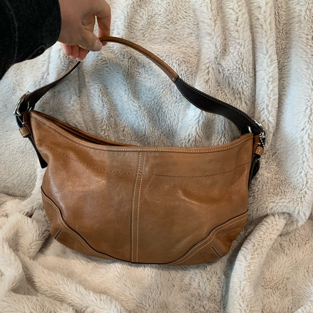 Coach brown leather zip top handbag